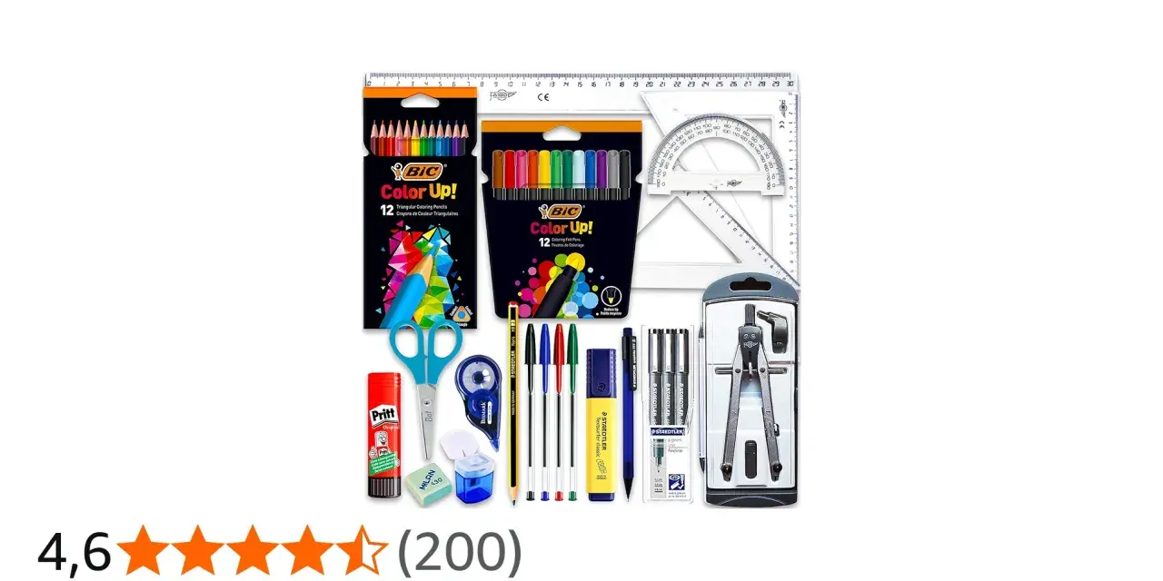 Todo lo necesario para tu lista material escolar 1 eso: lápices, rotuladores, tijeras, compás, reglas y pegamento.