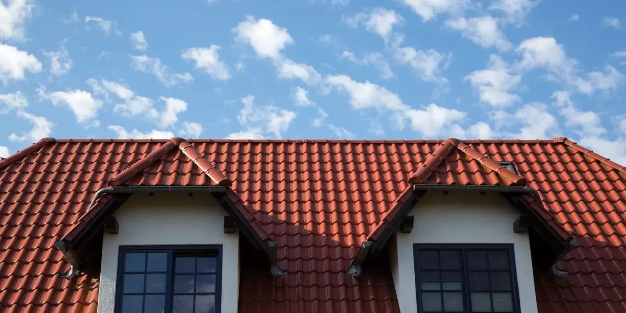 Czerwony dach z dachówki ceramicznej, z dwoma lukarnami i niebieskim niebem w chmurach.