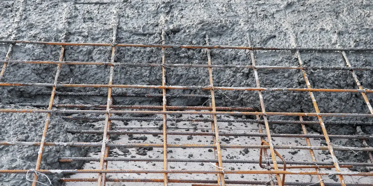 Zbrojenie fundamentów z betonu. Siatka z prętów stalowych pokryta świeżą masą betonową, gotowa do utwardzenia.