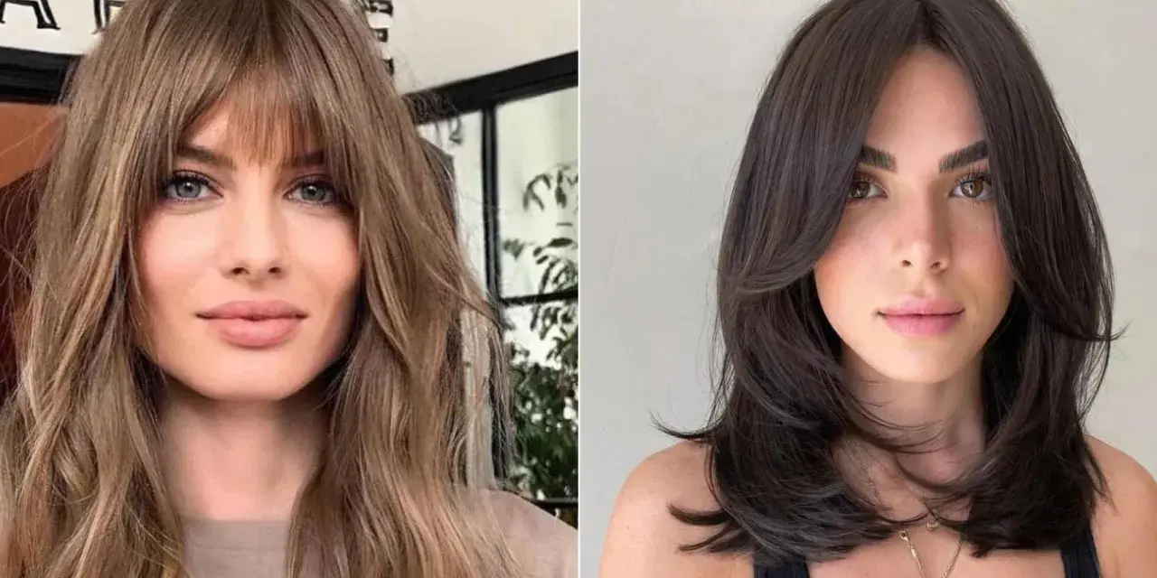 Dos estilos de corte de pelo que favorecen un **corte de pelo cara redonda**: uno con flequillo y capas rubias, otro con capas oscuras y raya en medio.