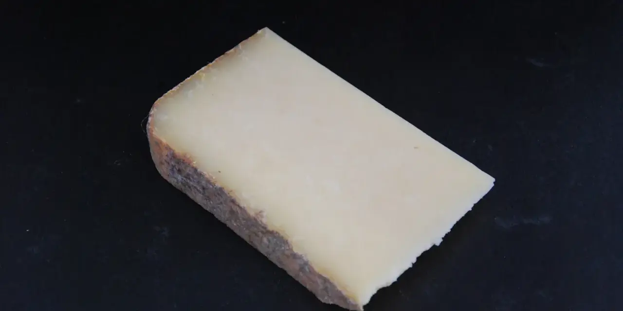 Un morceau de Cantal, lait cru ou pasteurisé, à la croûte rustique et à la pâte jaune pâle, posé sur un fond sombre.