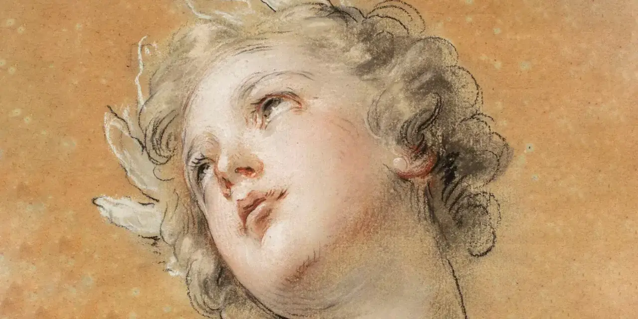 Portrait d'un jeune homme aux boucles blondes, la tête penchée, le regard tourné vers le ciel. La valeur du dessin réside dans la délicatesse des traits et la douceur des couleurs.
