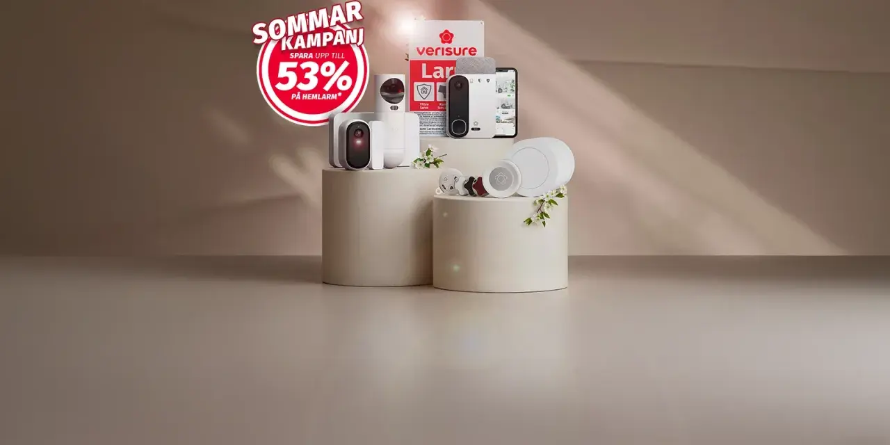 Sommarkampanj med upp till 53% rabatt på hemlarm. Verisure Z-Wave-produkter visas upp.
