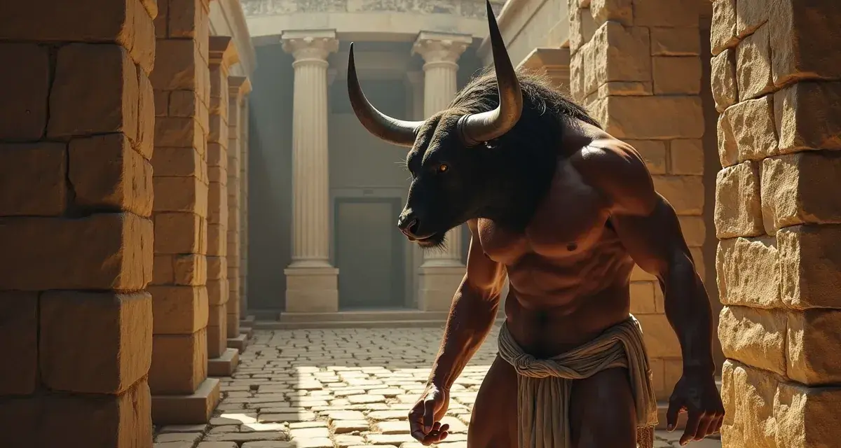 Potężny Minotaur, postać z mitu o minotaurze, kroczy przez kamienne korytarze labiryntu.