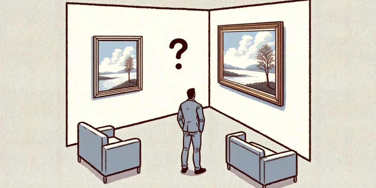 Hombre frente a dos cuadros, ¿cuál elegir? Reflexiona sobre los tipos de lienzos y la decisión artística.