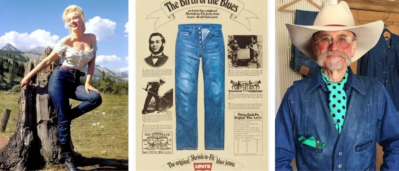 Marilyn Monroe, un poster storico e un uomo con cappello da cowboy celebrano chi ha inventato i jeans, Levi Strauss.