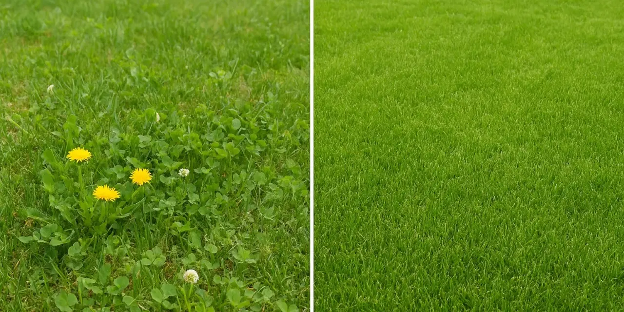 Links: Löwenzahn und Klee im Rasen. Rechts: Perfekt gepflegter Rasen ohne Unkraut.