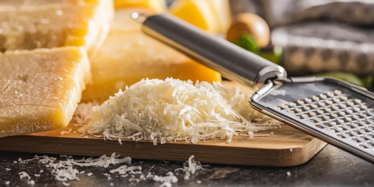 Tarta z serem, gdzie zamiast parmezanu użyto mozzarelli, przygotowana na desce z tarką.