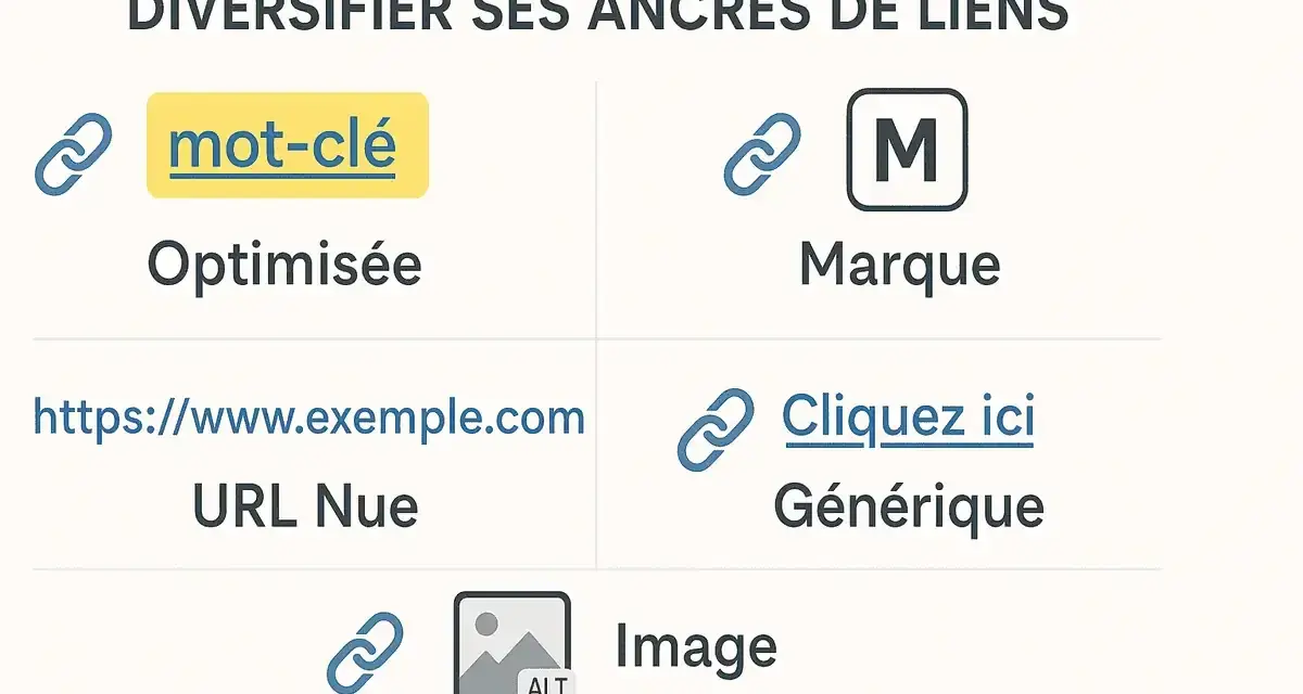 Diversifier les ancres de liens : mot-clé optimisé, marque, URL nue, générique. Stratégies pour comment obtenir des backlinks variés.