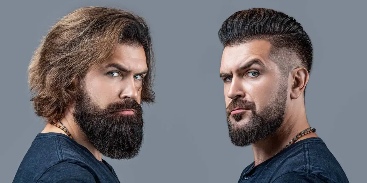 Dos hombres con barba. Uno con pelo largo y barba tupida, el otro con pelo corto y barba hipster corta.
