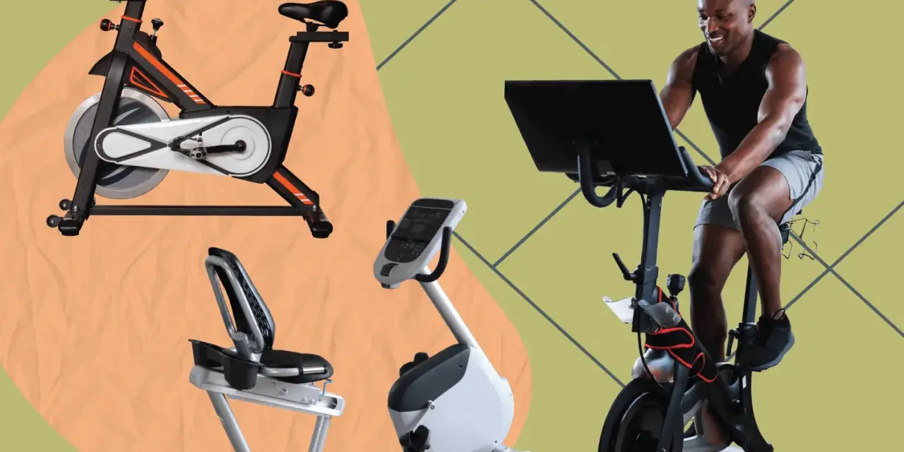 A man rides a stationary bike while a pedal exerciser and recumbent bike are shown.
