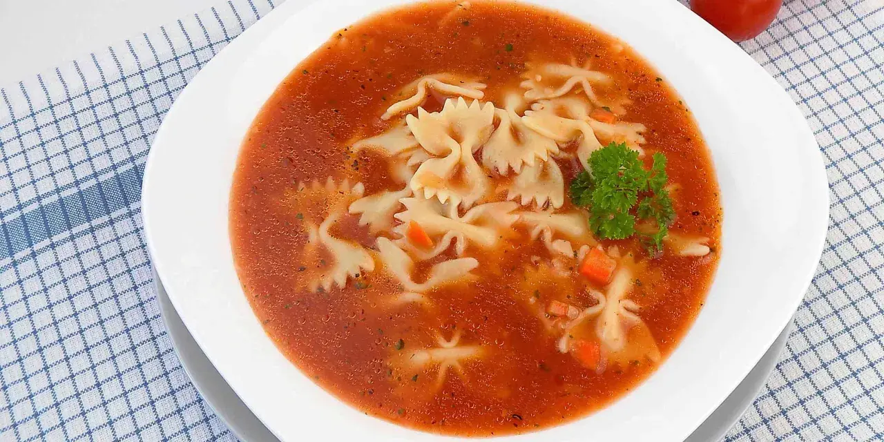 Zupa pomidorowa z makaronem farfalle, marchewką i natką pietruszki na kratkowanym obrusie.