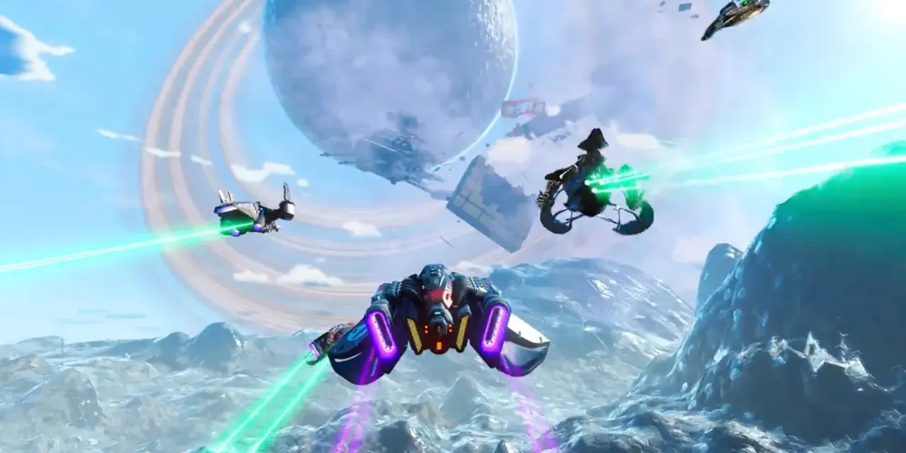 Naves espaciales combaten en un planeta alienígena, con un planeta anillado al fondo. ¡Ideal para quienes buscan los no man's sky requisitos!