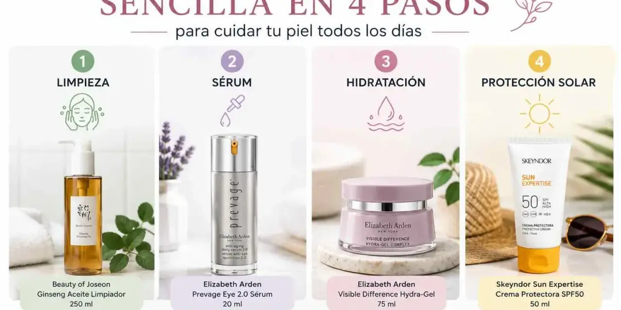 Rutina facial sencilla en 4 pasos: limpieza, sérum, hidratación y protección solar. ¡Cuida tu piel todos los días!