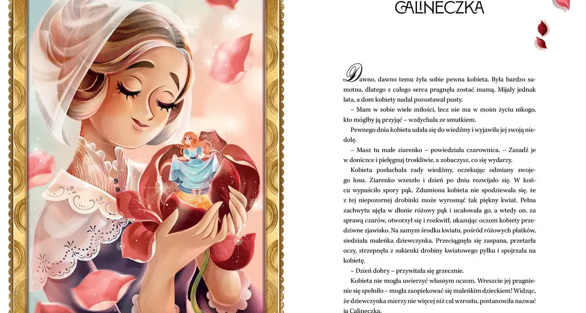 Kobieta trzyma w dłoniach pąk róży, z którego wyłania się maleńka dziewczynka. Ilustracja nawiązuje do baśni Andersena.