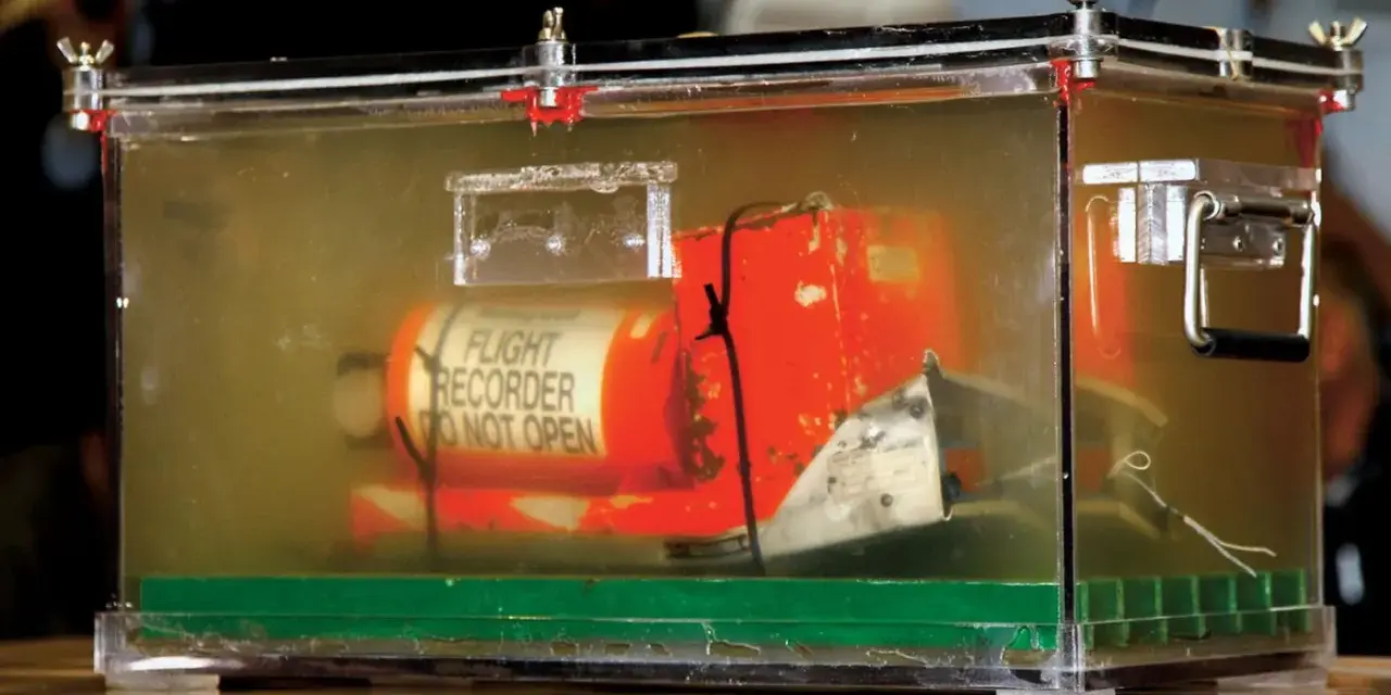 Pomarańczowa skrzynka "czarnej skrzynki" z napisem "FLIGHT RECORDER DO NOT OPEN" w przezroczystej obudowie, dowód w sprawie wypadku lotniczego.