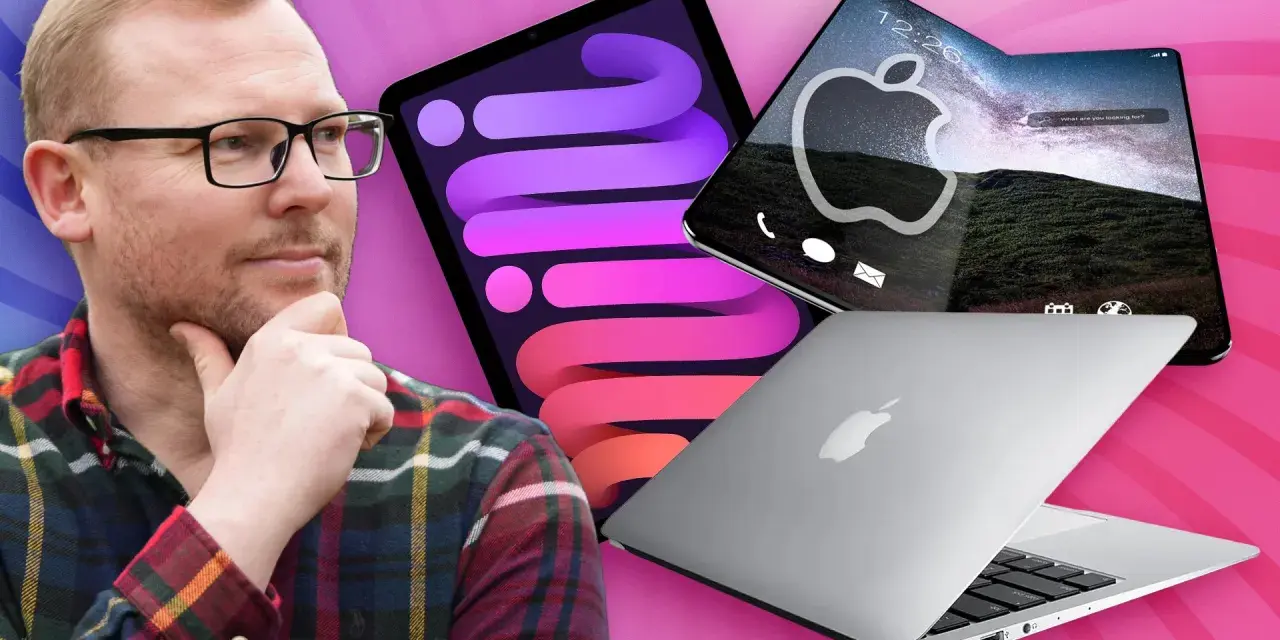 Mann mit Brille denkt über iPad, faltbares iPhone und MacBook nach.