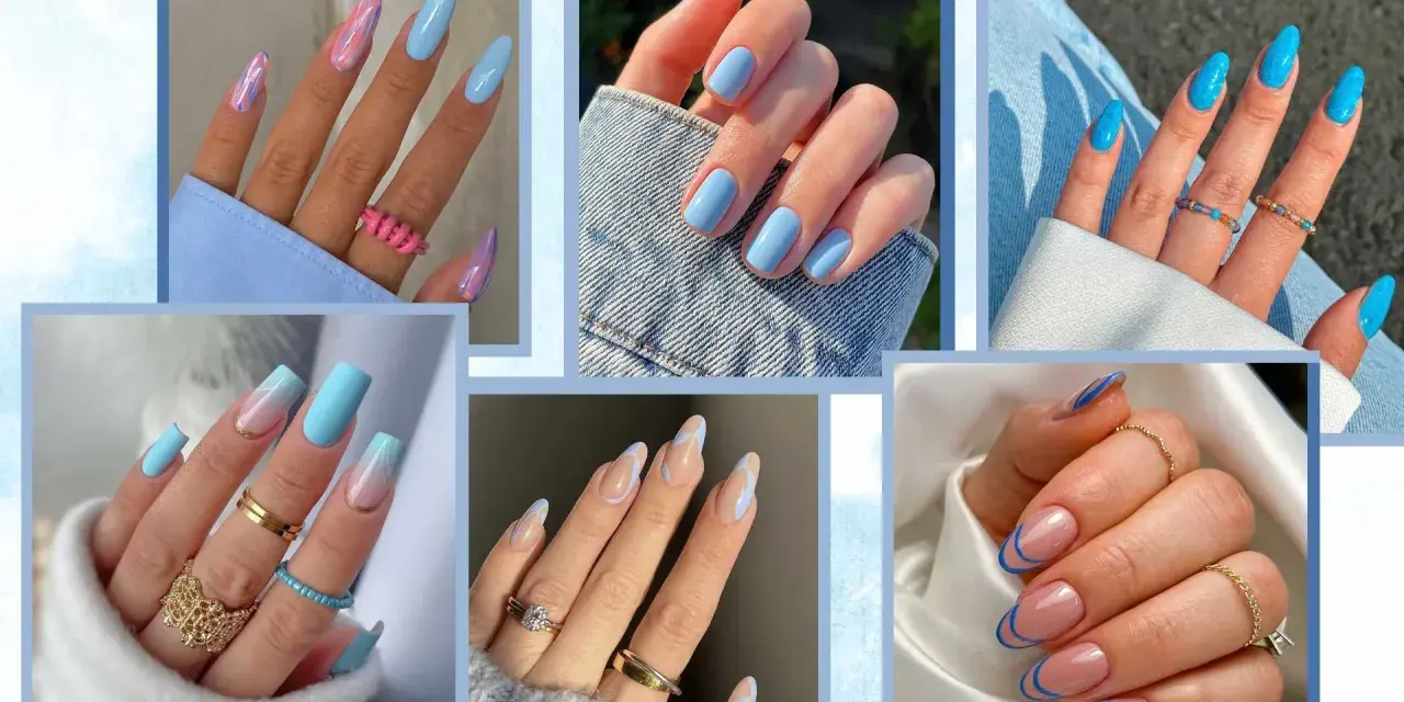 Collezione di unghie celesti e bianche con diverse nail art: sfumature, french manicure e decorazioni astratte.