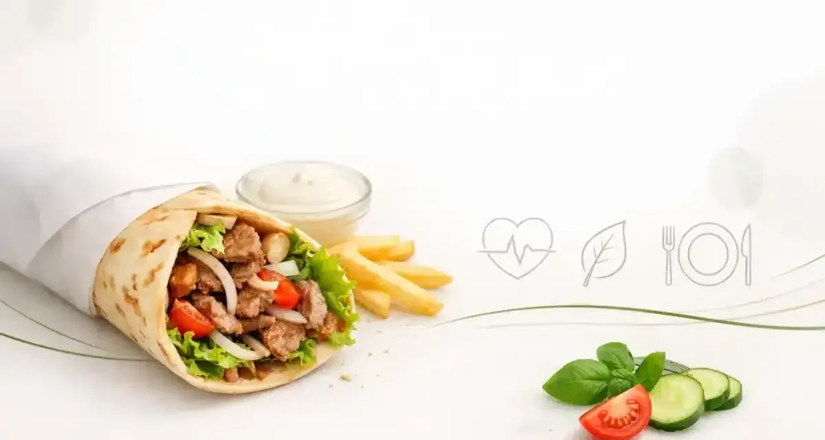 Duży kebab w tortilli z frytkami, sosem i warzywami.