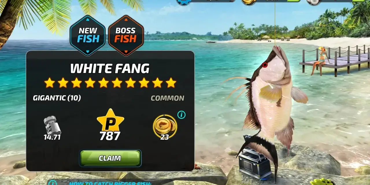 W grze Fishing Clash złowiono białego rekina. Gracz zdobył 787 punktów i 23 monety.