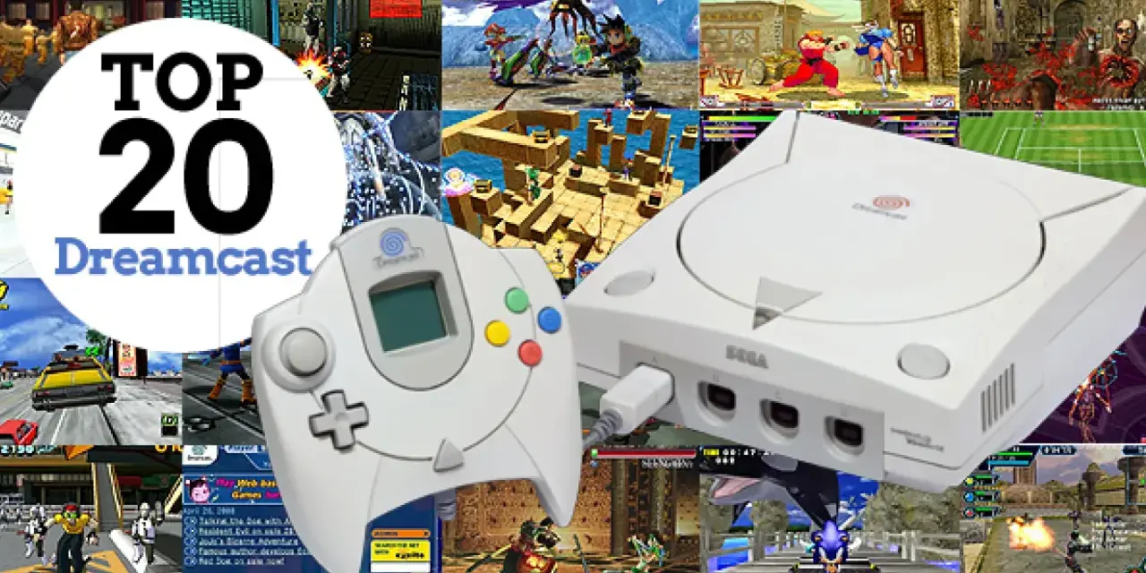Collage de imágenes de videojuegos de Dreamcast, mostrando la consola y el mando, con escenas de algunos de los mejores juegos Dreamcast.