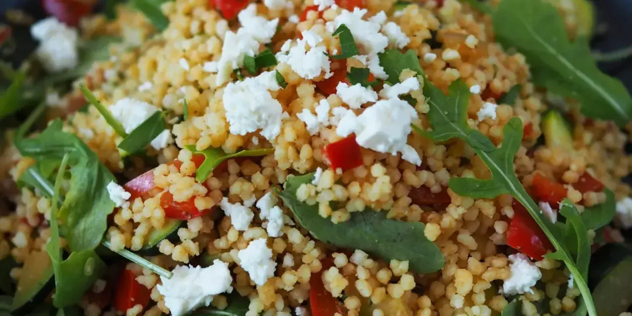 Ein bunter Couscous-Salat mit Feta, roten Paprikawürfeln und Rucola. Frisch und lecker!