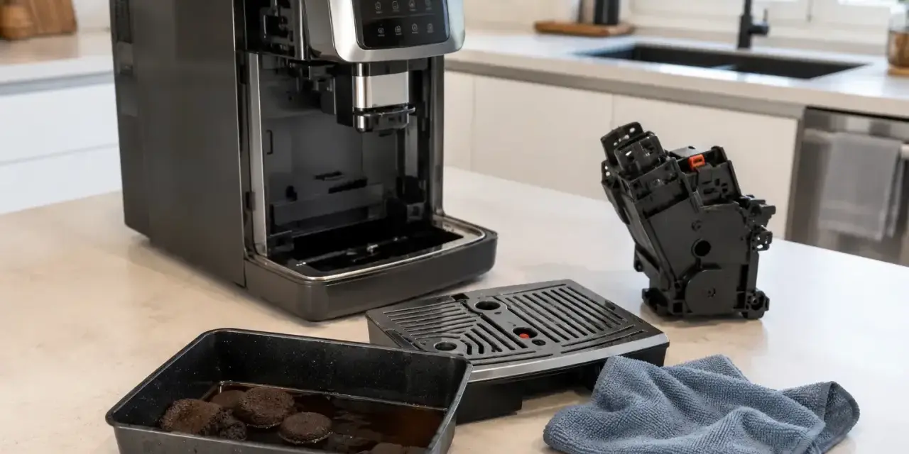 Czyszczenie ekspresu DeLonghi. W tacce resztki kawy, obok wyjęty moduł zaparzający i tacka ociekowa. Czas na świeżą, nie wodnistą kawę.