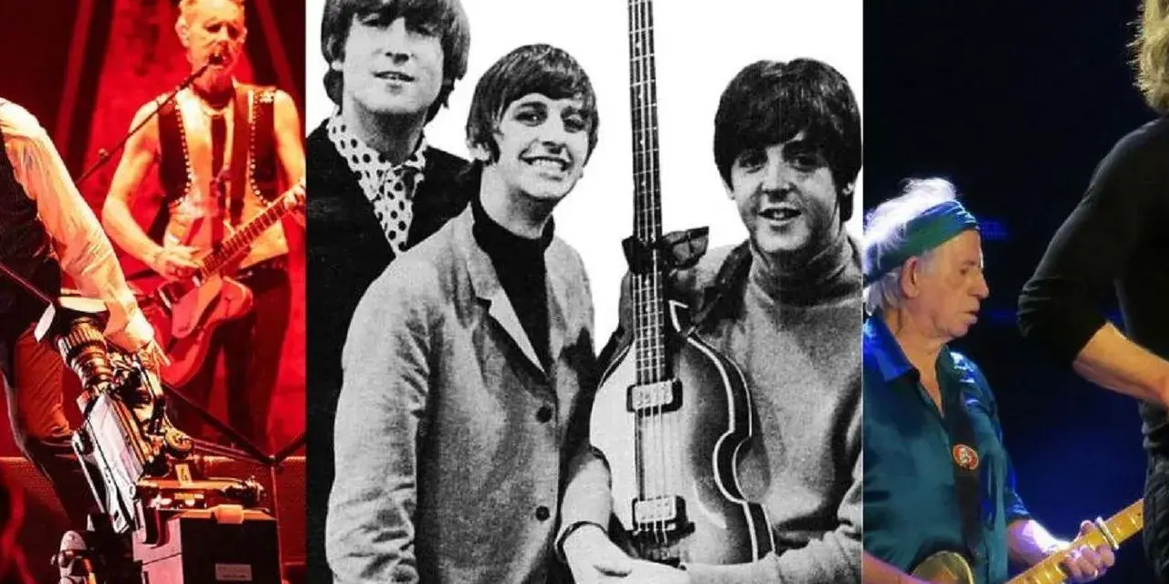The Beatles i The Rolling Stones, dwa najpopularniejsze brytyjskie zespoły rockowe, w kolażu zdjęć.
