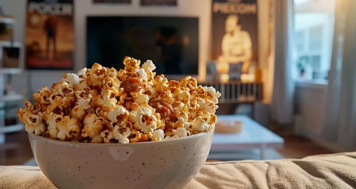 Un bol généreux de pop corn maison, caramélisé et prêt à être dégusté devant un bon film.