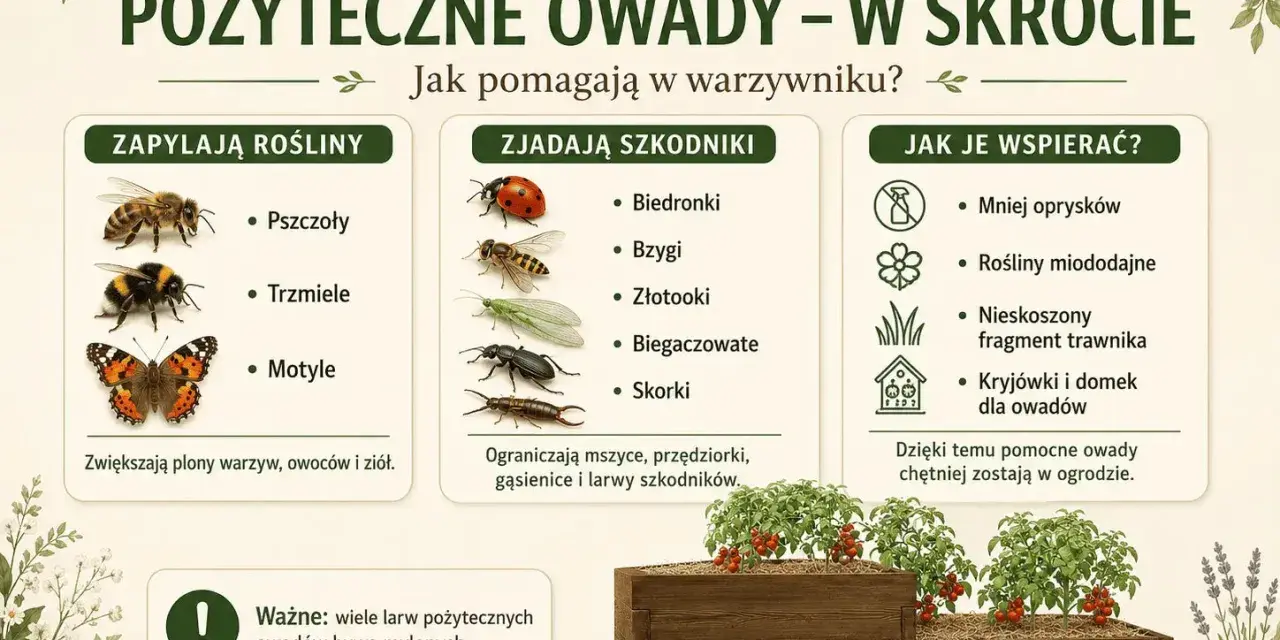 Pożyteczne owady w ogrodzie: pszczoły, trzmiele i motyle zapylają rośliny, biedronki, złotooki i skorki zjadają szkodniki. Wspieraj je, ograniczając opryski i sadząc rośliny miododajne.