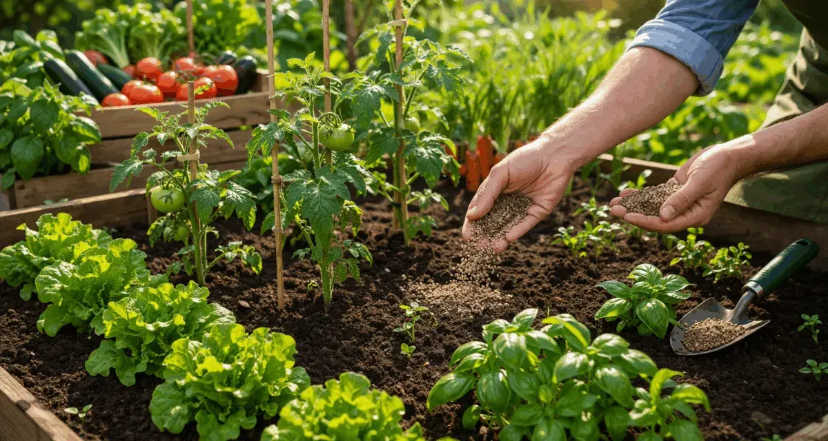 Mani spargono concime bio su un orto con lattuga, pomodori e basilico.