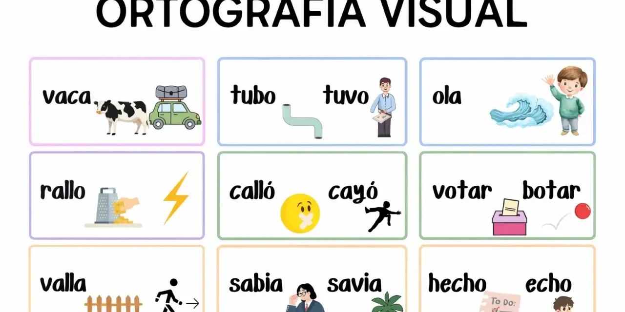 Ortografía visual: vaca, tubo, tuvo, ola, rallo, calló, cayó, votar, botar, valla, sabia, savia, hecho, echo.