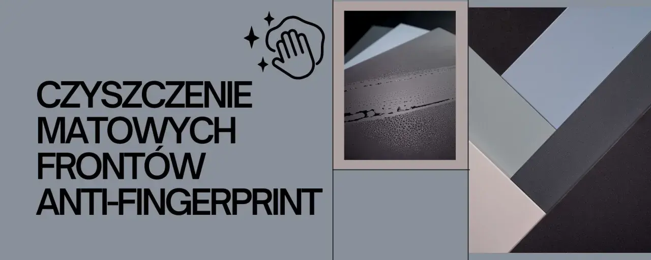 Czyszczenie matowych frontów anti-finger. Woda na ciemnej powierzchni, obok próbek kolorów.