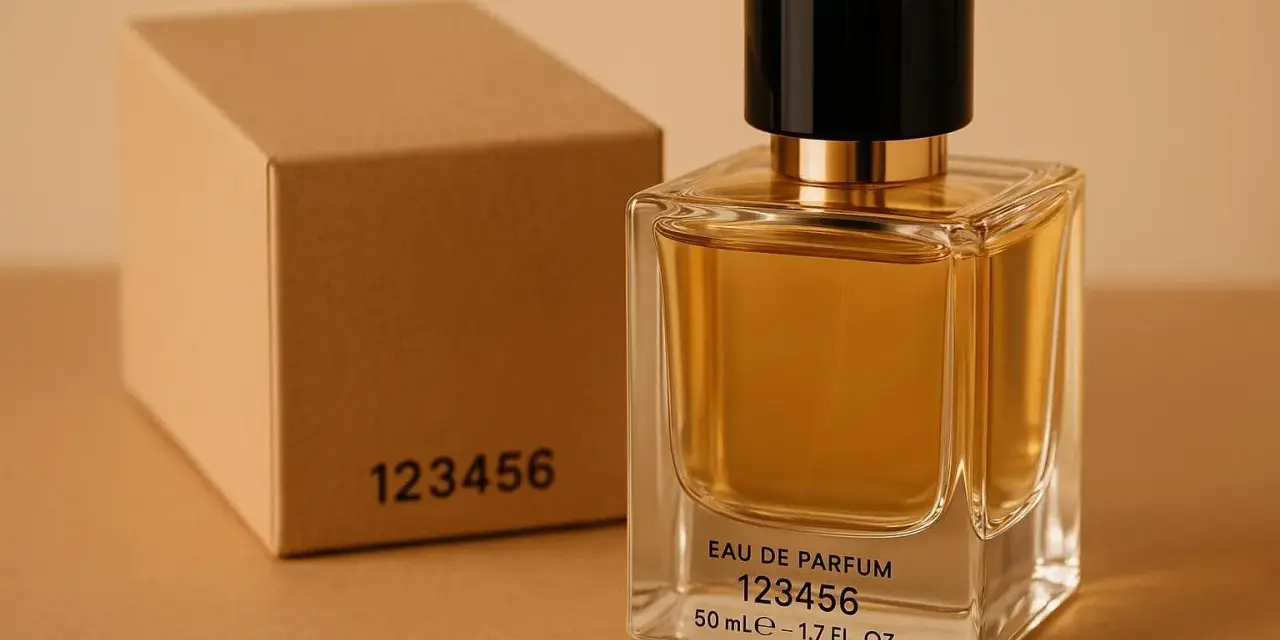 Parfümflasche mit schwarzem Deckel und brauner Schachtel, beide mit der Nummer 123456.