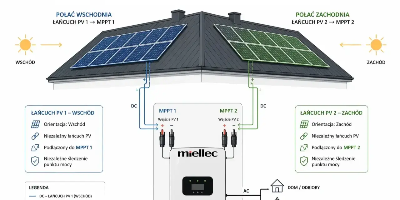 Schemat instalacji fotowoltaicznej z panelami na dachu o orientacji wschód-zachód. Dwa niezależne łańcuchy PV podłączone do dwóch MPPT falownika.