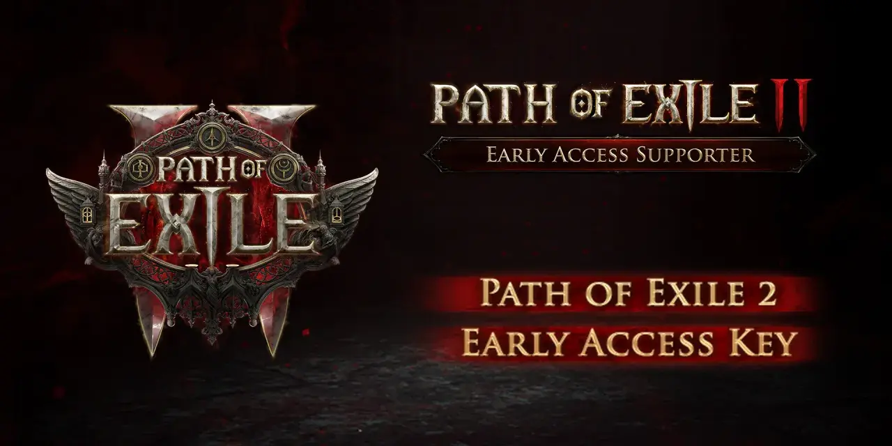 El logo de Path of Exile 2 con el texto "Early Access Supporter" y "Early Access Key" sobre un fondo oscuro y rojo.
