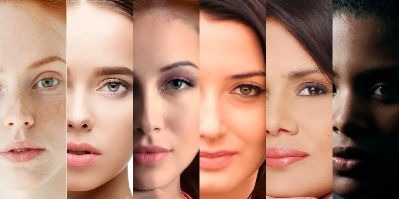 Seis rostros muestran la diversidad de fototipos de piel, desde pecas hasta tonos oscuros, celebrando la belleza en todas sus formas.