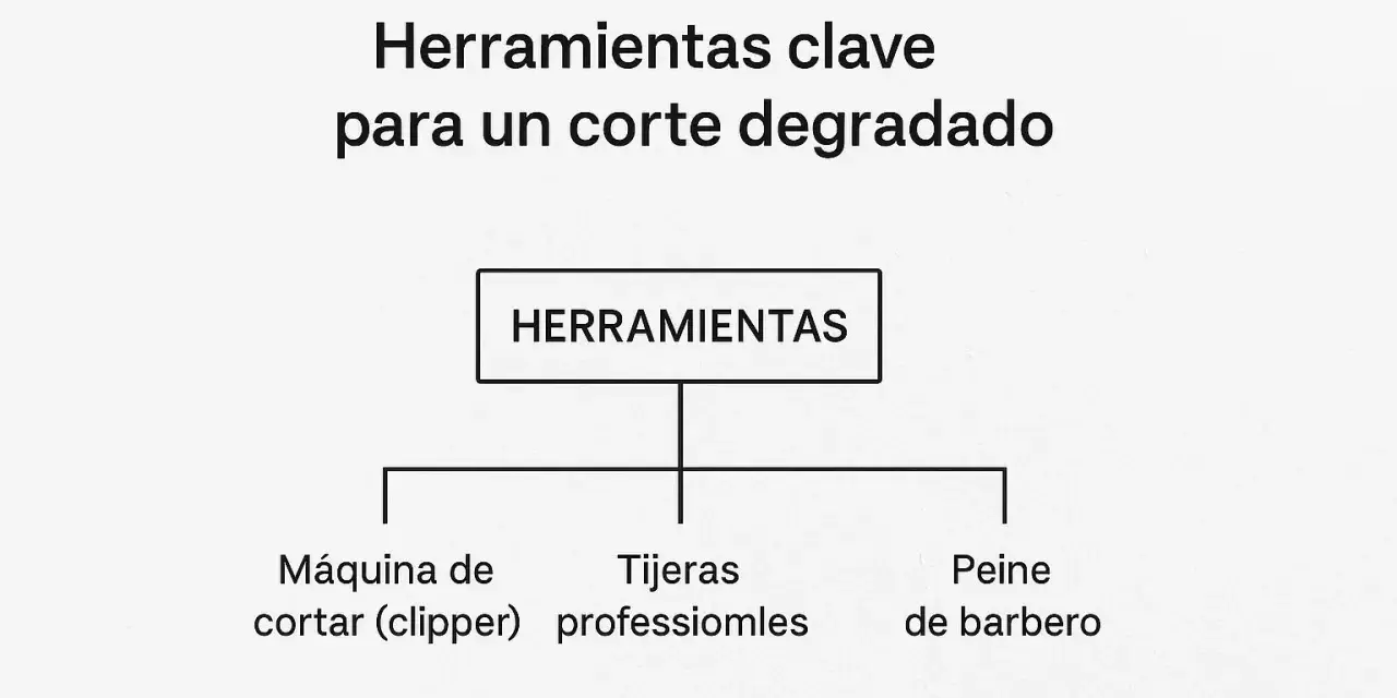 Herramientas para cortes degradados modernos en niños: máquina, tijeras y peine.