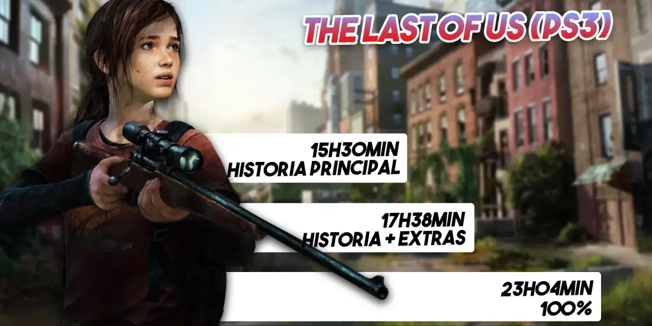 Ellie con rifle, The Last of Us PS3. ¿Cuánto dura The Last of Us 1? Historia principal 15h30m, con extras 17h38m, 100% 23h04m.