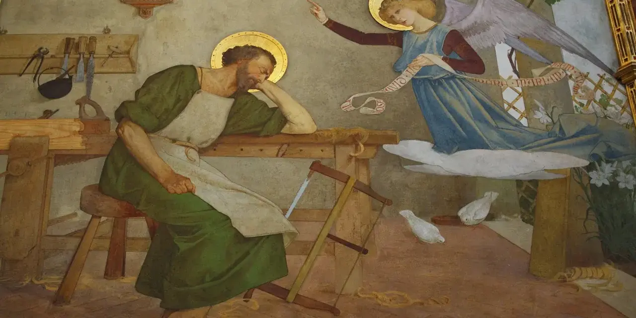 Ein Engel erscheint dem schlafenden Josef, der als der vater von Jesus gilt, und verkündet ihm die Botschaft.