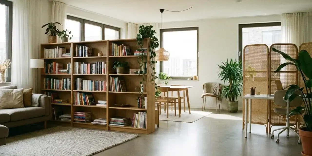 Libreria divisoria e paravento in rattan: idee per come dividere una stanza senza opere murarie, creando zone funzionali.