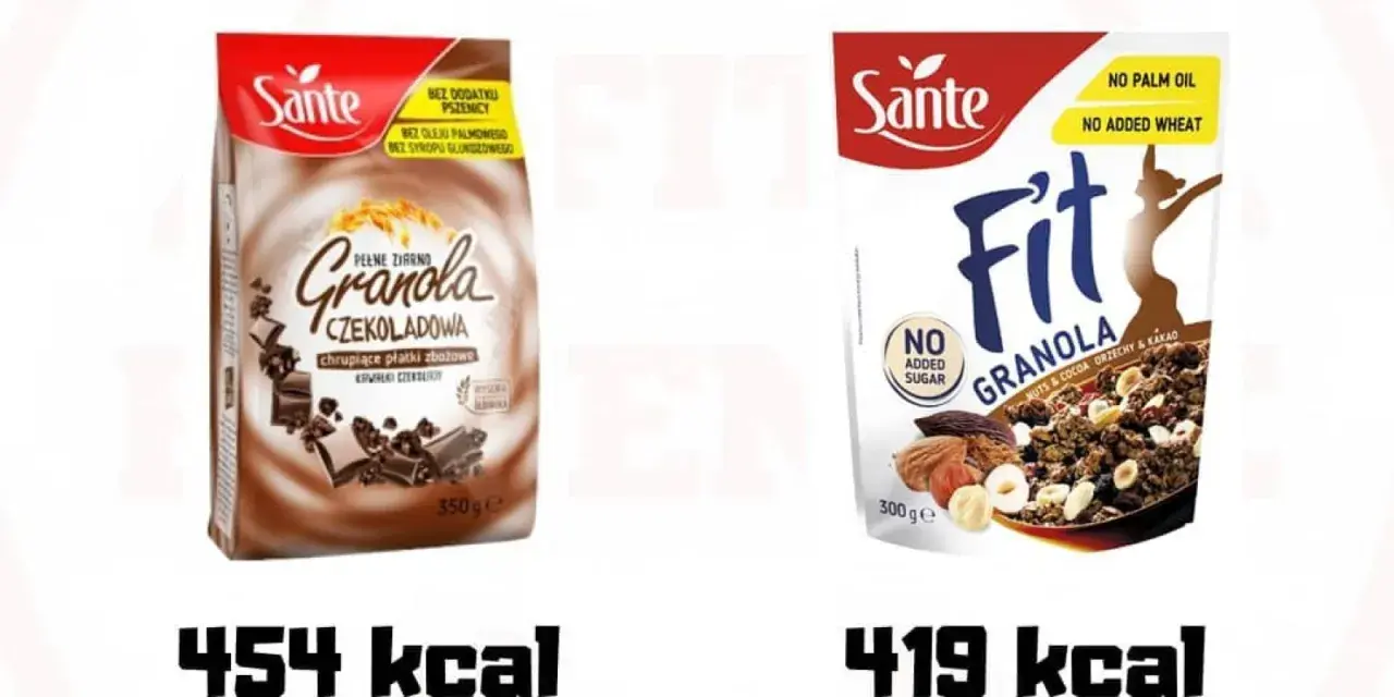 Dwie granole Sante: czekoladowa (454 kcal) i orzechowo-kakaowa (419 kcal). Idealne na zdrowy początek dnia, gdy szukasz domowa granola przepis fit.