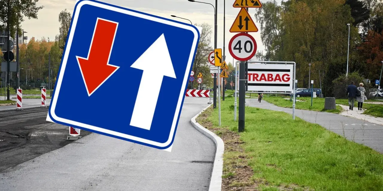 Znak D5 informuje o ruchu jednokierunkowym, ale tu strzałka w dół sugeruje objazd.