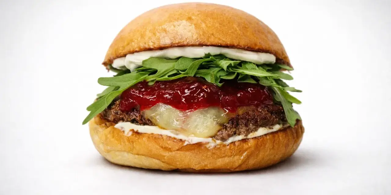 Soczysty burger z rukolą, konfiturą i roztopionym serem na białym tle.