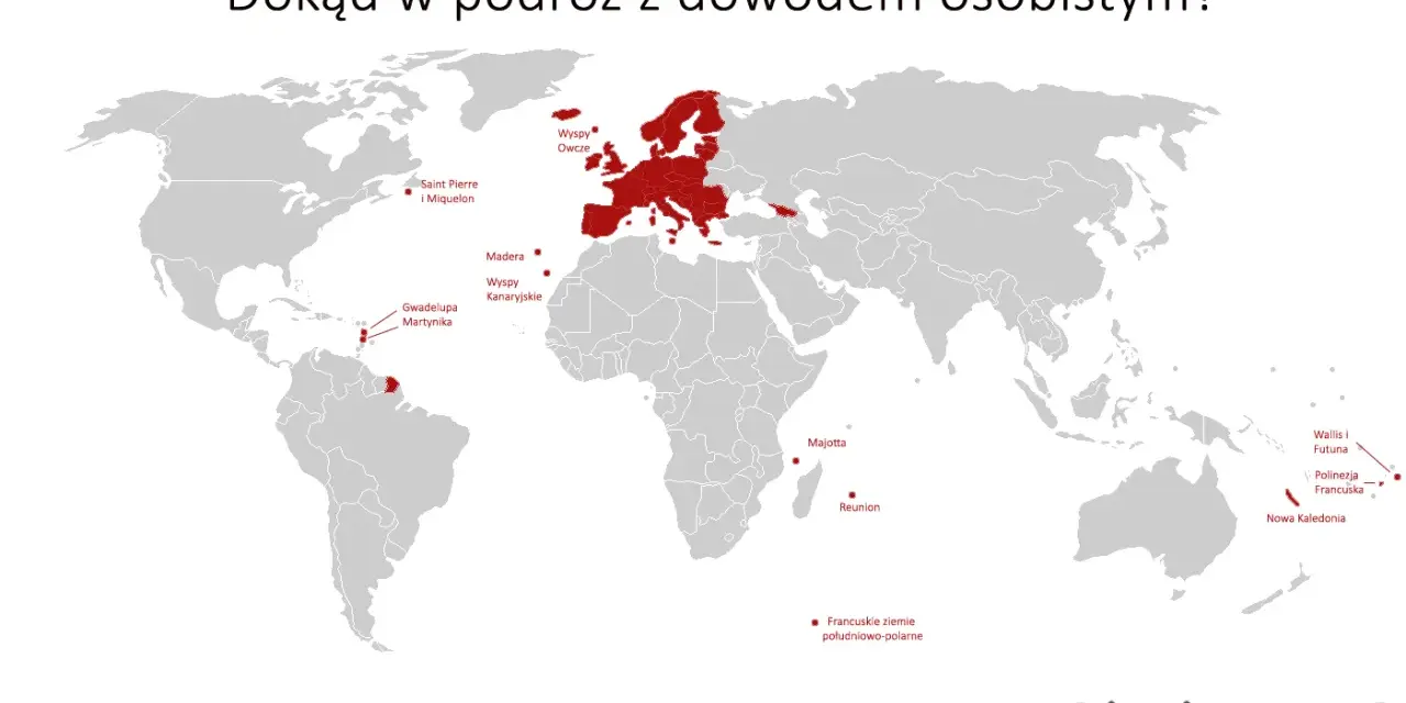Mapa świata z zaznaczonymi miejscami, gdzie można podróżować bez paszportu: Europa, wyspy na Atlantyku, Karaiby, Reunion, Majotta, Nowa Kaledonia, Polinezja Francuska.