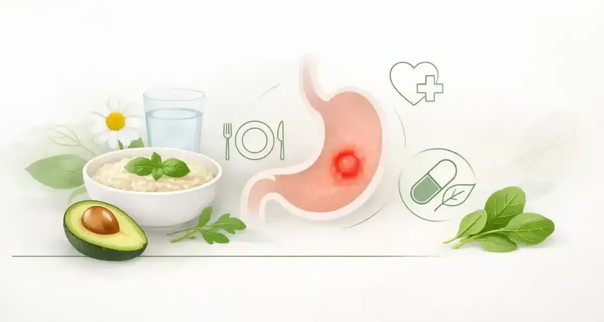 Ilustracja przedstawia żołądek z wrzodem, obok miska owsianki, awokado, szklanka wody i zioła. To symbol zdrowej diety wrzodowej.