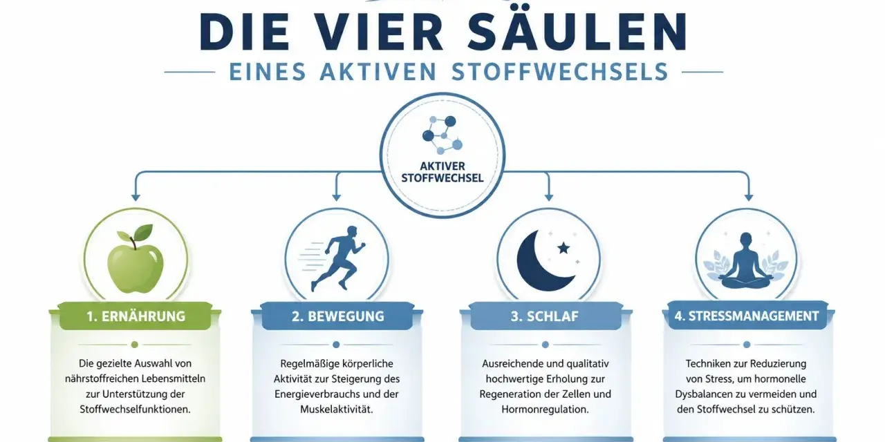 Die vier Säulen eines aktiven Stoffwechsels: Ernährung, Bewegung, Schlaf und Stressmanagement. So kannst du deinen Stoffwechsel ankurbeln.