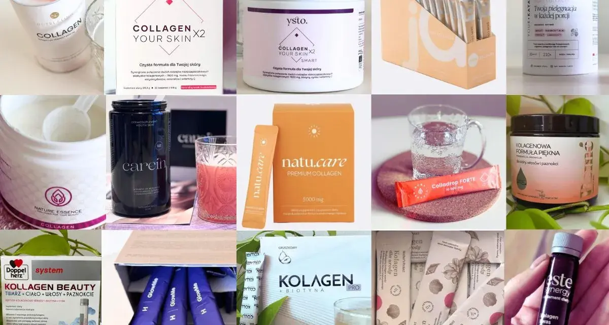 Różne produkty z kolagenem, w tym proszki, shoty i saszetki. Wybierz najlepszy kolagen na stawy dla siebie!