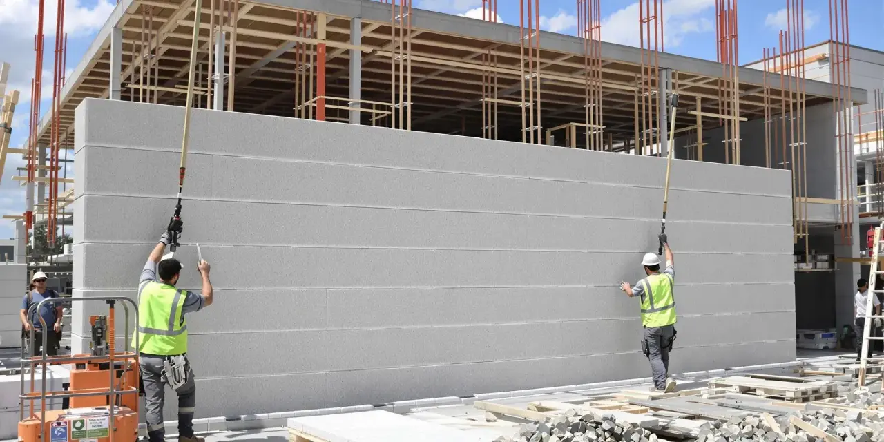 Chantier de construction : deux ouvriers installent un mur en siporex extérieur. Le bâtiment en cours de construction est visible en arrière-plan.