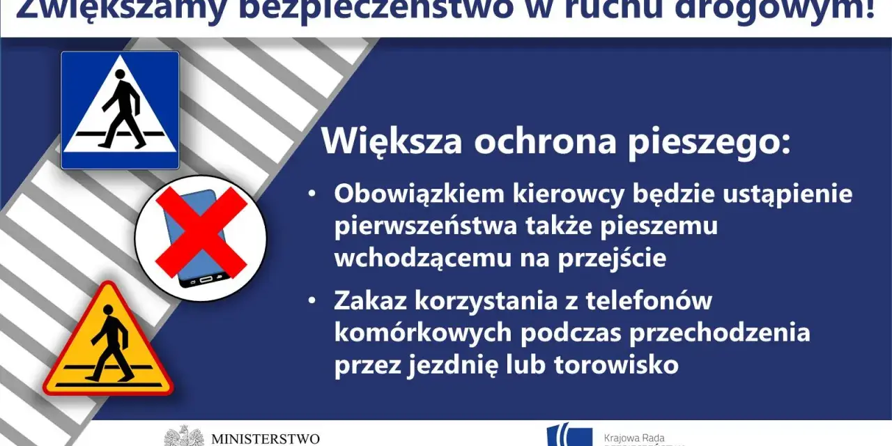 Zwiększamy bezpieczeństwo! Większa ochrona pieszego: kierowcy muszą ustępować pierwszeństwa, a pieszy nie może korzystać z telefonu.